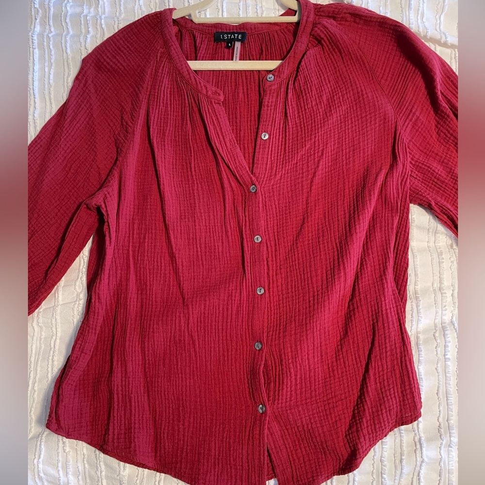 1. State red button up blouse